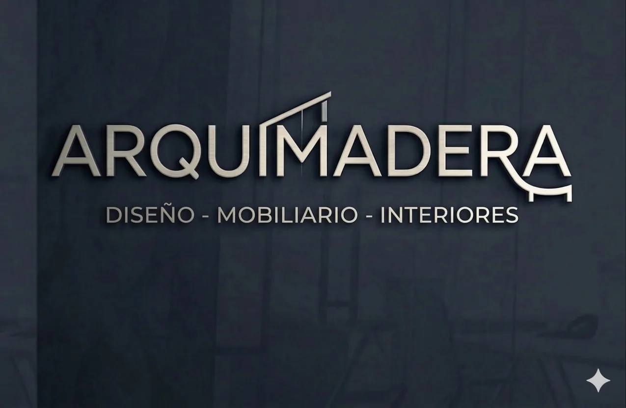 Logotipo de Arquimadera aplicado sobre vidrio azul oscuro