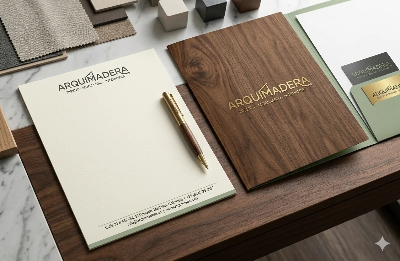 Papelería de Arquimadera: carpeta en madera, hoja membretada y tarjeta sobre mármol