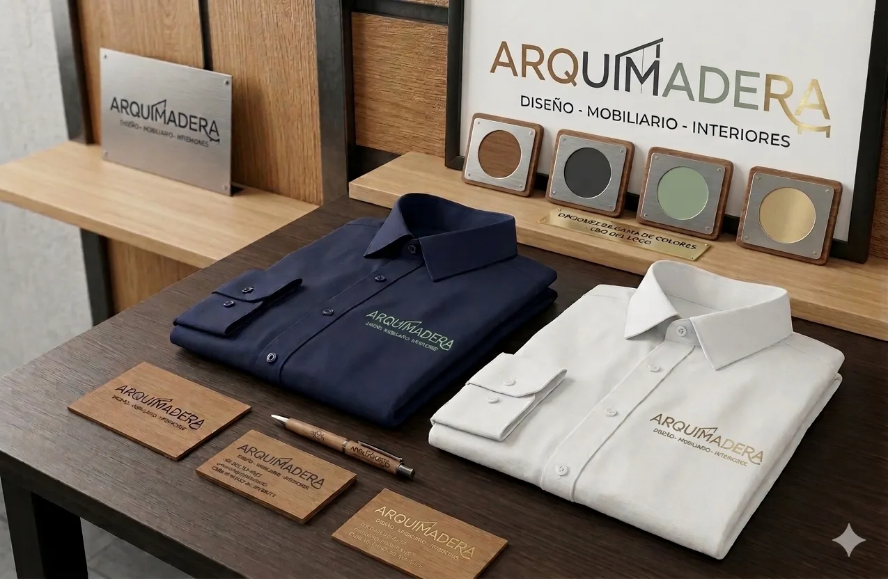 Uniformes bordados de Arquimadera junto a muestras de materiales y tarjetas en madera
