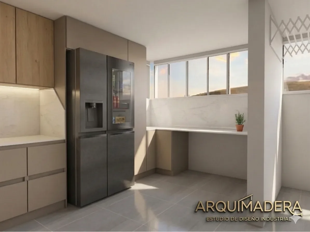 Render de sala de apartamento con tonos cálidos, mobiliario en madera y ventanal