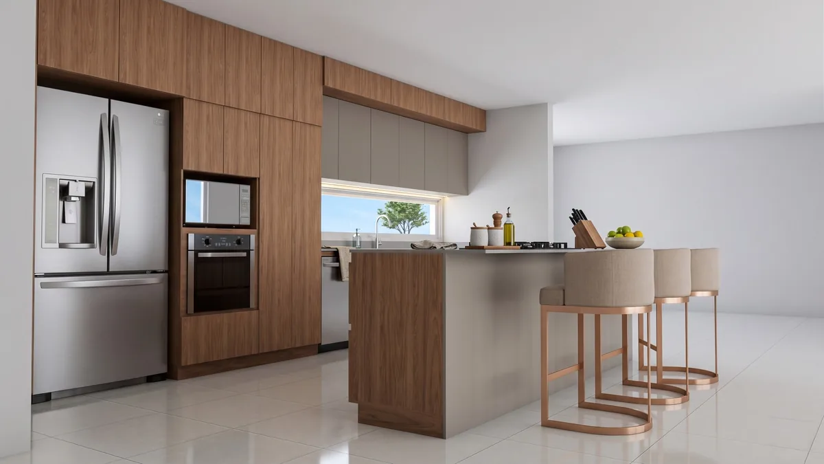 Render 3D de cocina en macadamia con isla-barra y bancos tapizados