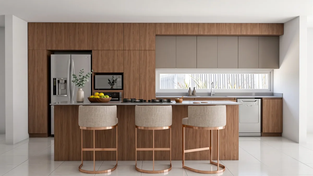 Vista frontal de la cocina con altos en taupe, isla central y tres bancos tapizados