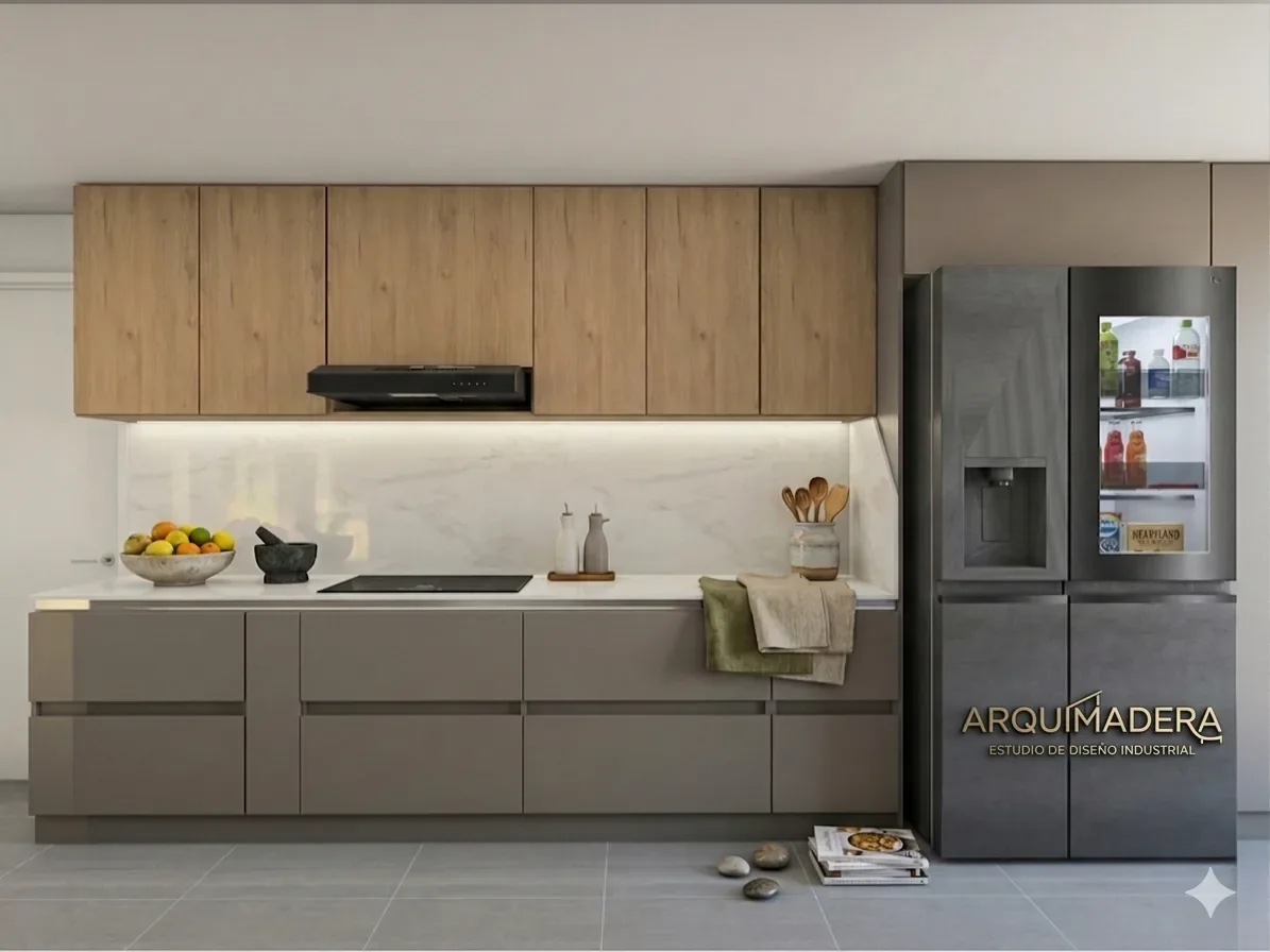 Render de cocina integral con isla central, mesón de mármol y módulos altos en madera natural