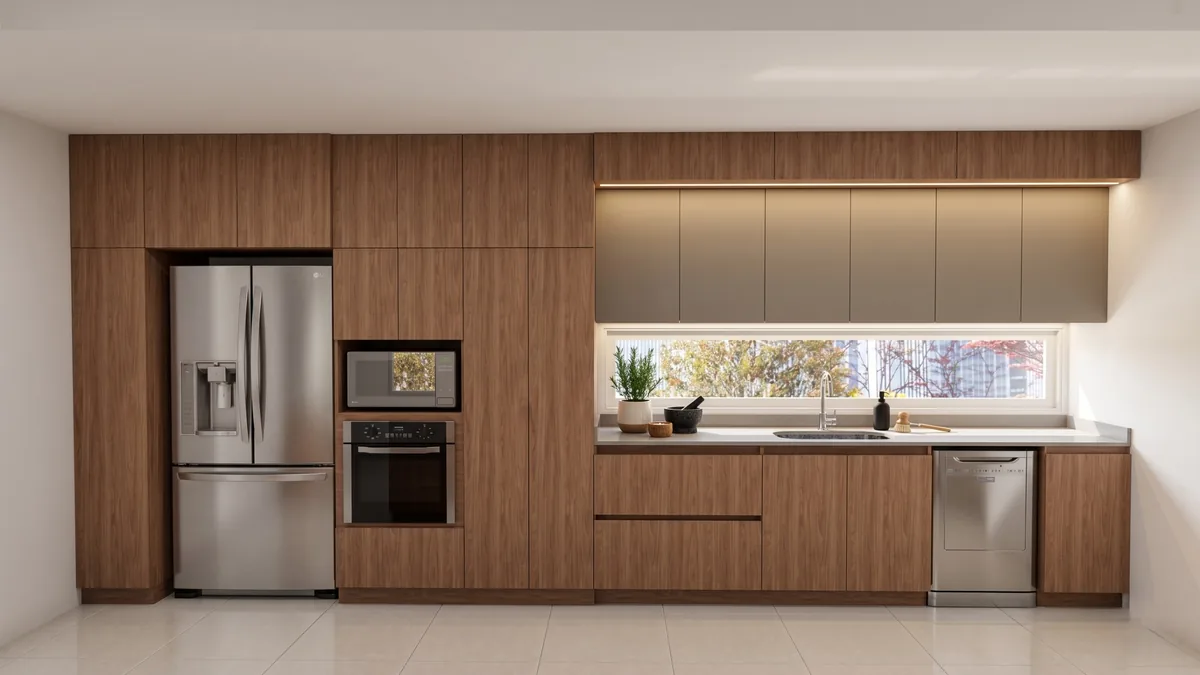 Render de cocina lineal en macadamia con ventana panorámica sobre el mesón y altos en taupe iluminados